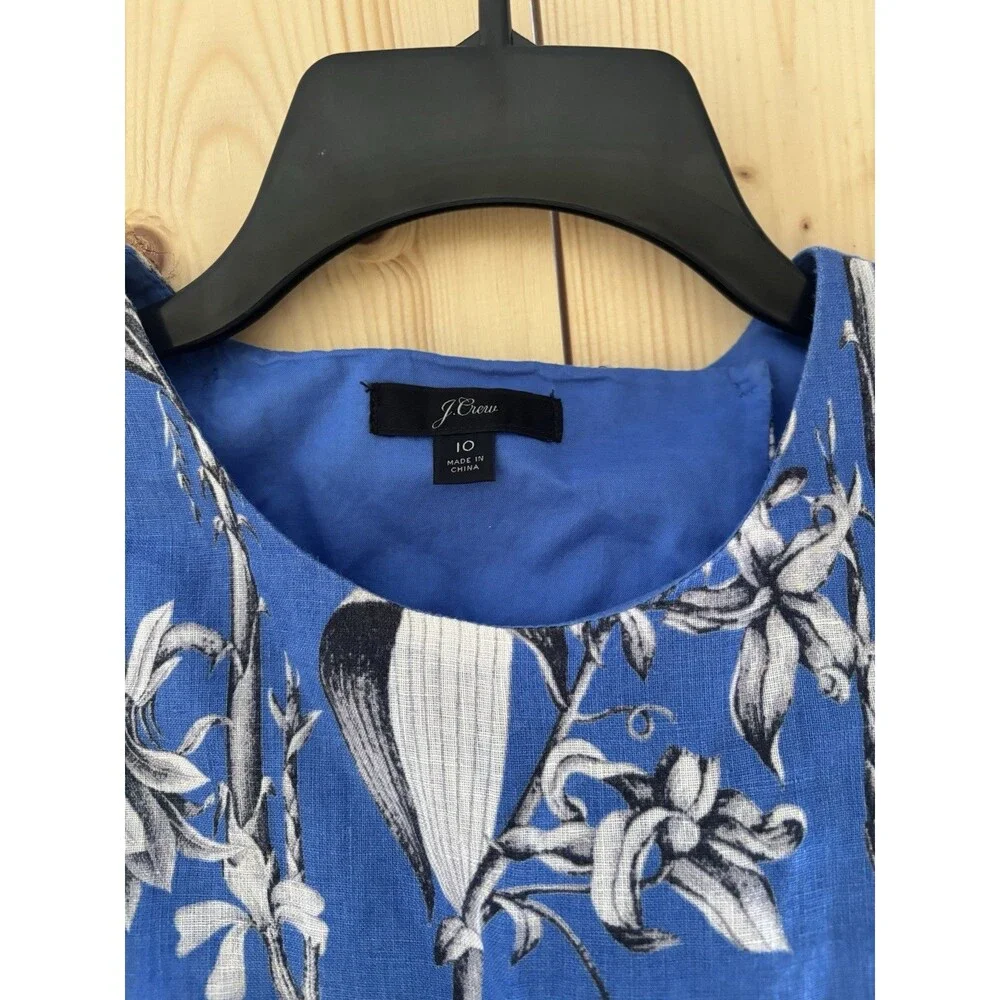 J crew Tropical Blue Linen Romper Cross Back Rainforest Birds 10 100% linen